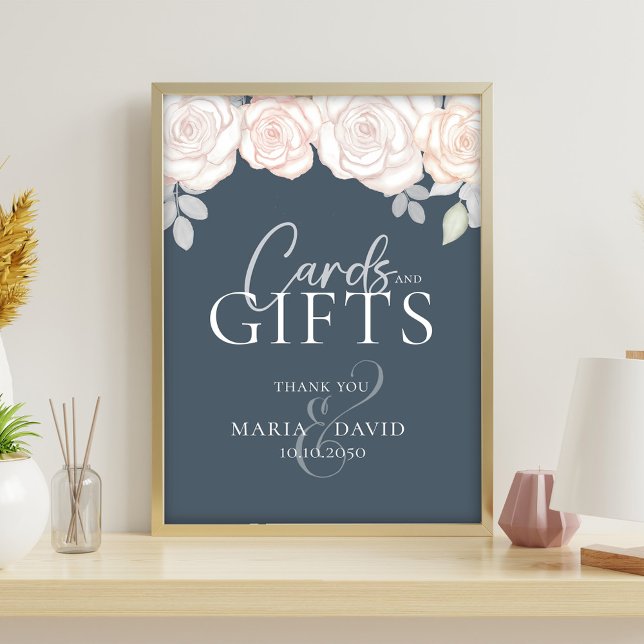 Dusty Blue Blush Floral Cards and Gifts Sign (Dusty blue cards and gifts wedding sign with blush watercolor roses and elegant script.)