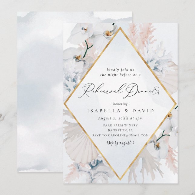 Dusty Blue & Blush Floral Coastal Rehearsal Dinner Invitation (Front/Back)