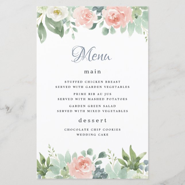 Dusty Blue Blush Floral Garden Wedding Menu Cards (Front)