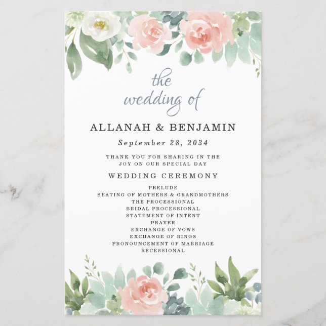 Dusty Blue Blush Floral Garden Wedding Programs (Front)