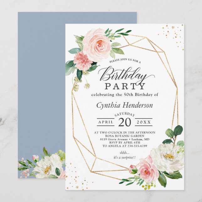 Dusty Blue Blush Floral Geometric Birthday Party Invitation (Front/Back)