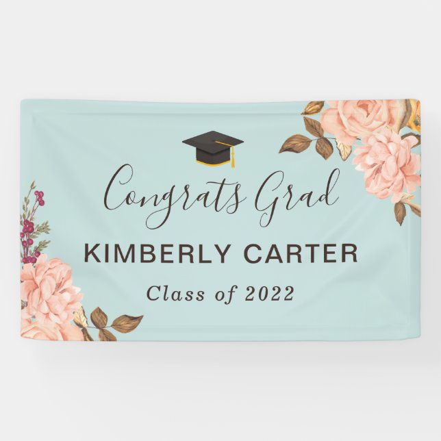 Dusty Blue Blush Floral Graduate Graduation Party Banner (Horizontal)