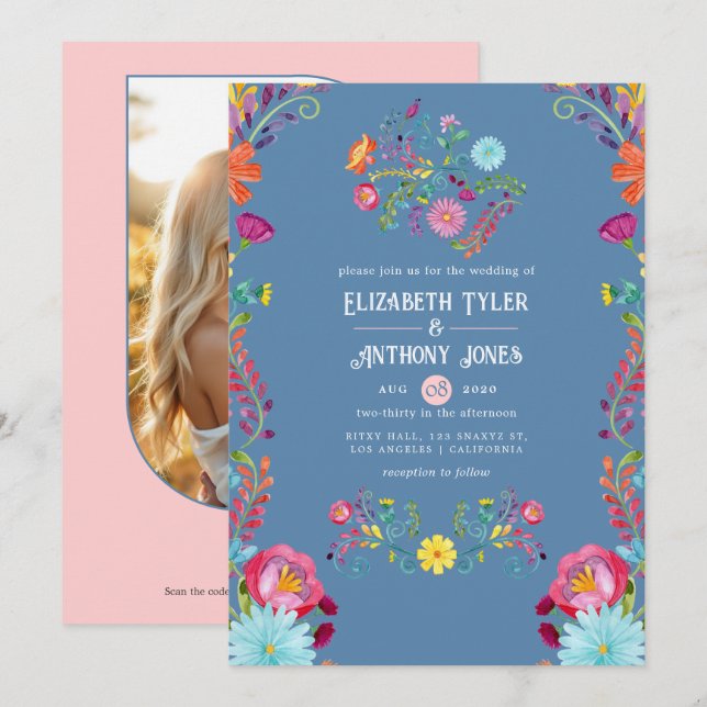 Dusty Blue & Blush Floral Mexican Fiesta Wedding Invitation (Front/Back)
