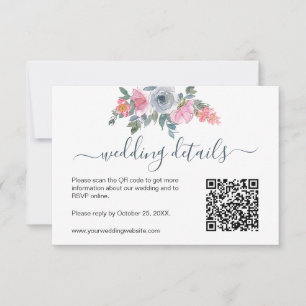 Dusty Blue Blush Floral Watercolor RSVP QR Code   Card