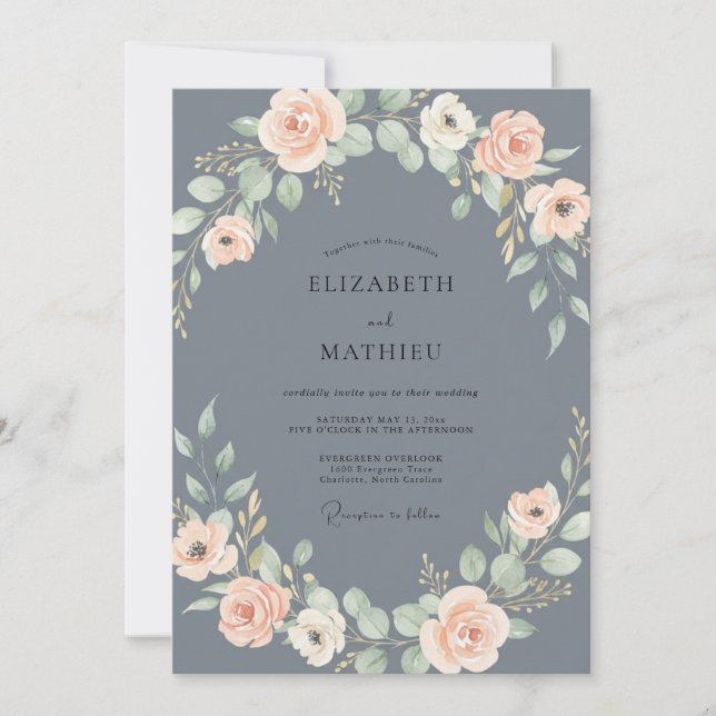 Dusty Blue Blush Floral Wedding Invitation (Front)