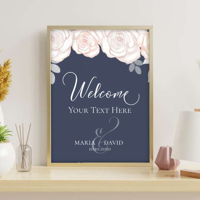 Dusty Blue Blush Floral Wedding Welcome Sign Flyer (Dusty blue wedding welcome sign with blush roses and elegant calligraphy script design.)