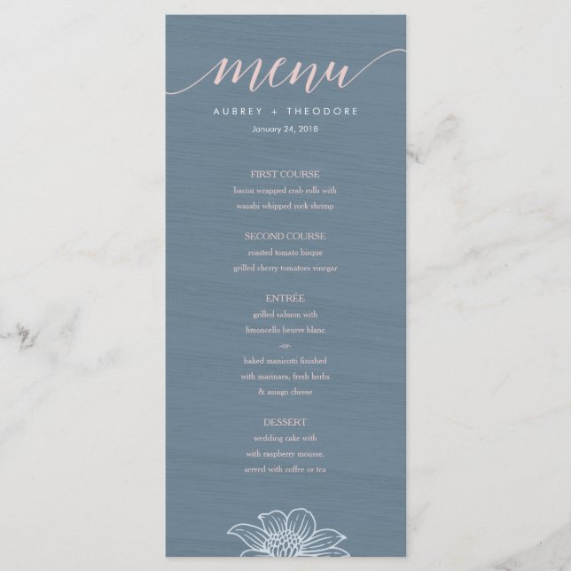 Dusty Blue & Blush Flowers Wedding Menu - Dark (Front)