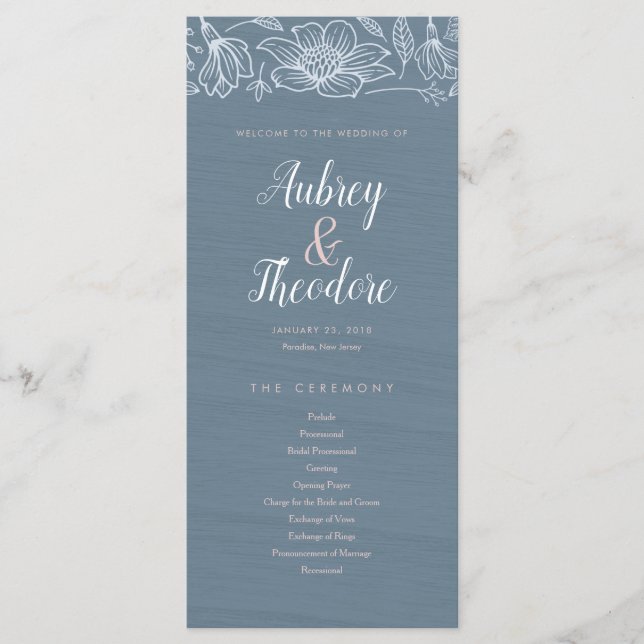 Dusty Blue & Blush Flowers Wedding Program - Dark Programme (Front)