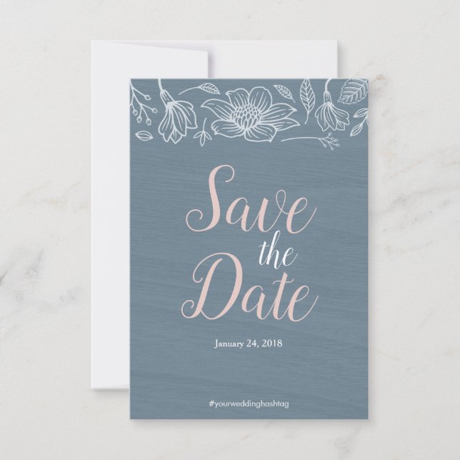 Dusty Blue & Blush Flowers Wedding Save The Date (Front)