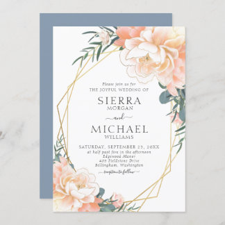 Dusty Blue Blush Gold Peach Floral Wedding Invitation