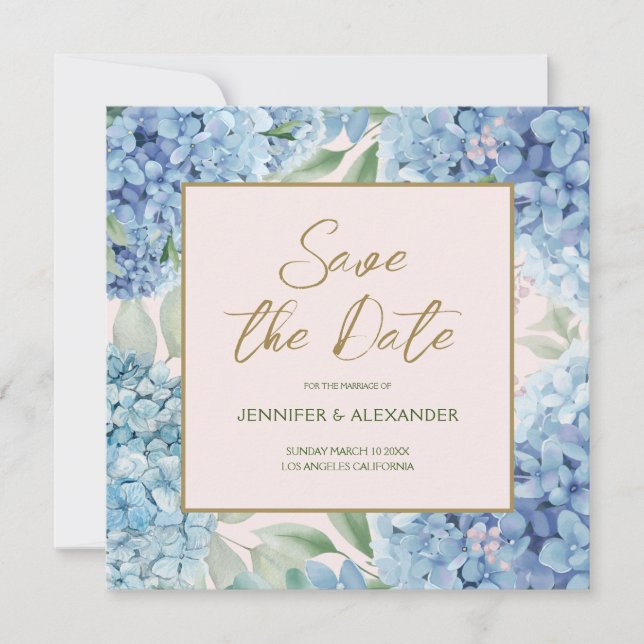 Dusty Blue Blush Hydrangea Square Save the Date Invitation (Front)