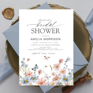 Dusty Blue Blush Pink Elegant Garden Bridal Shower Invitation