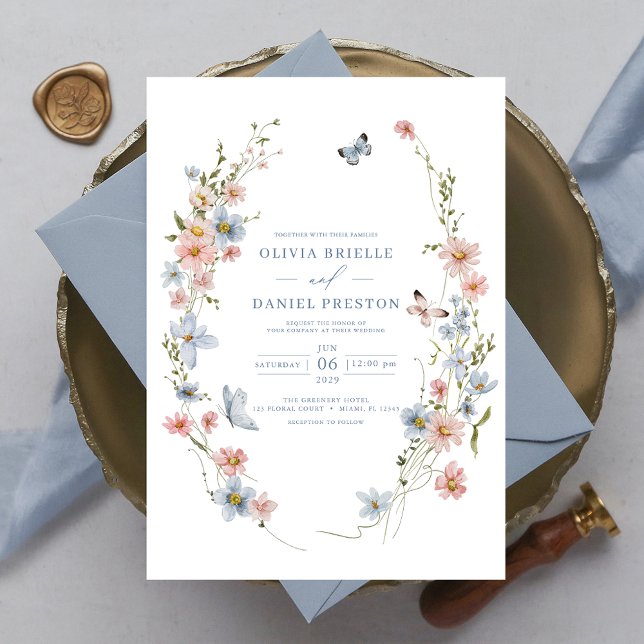 Dusty Blue Blush Pink Elegant Garden Wedding Invitation (Creator Uploaded)