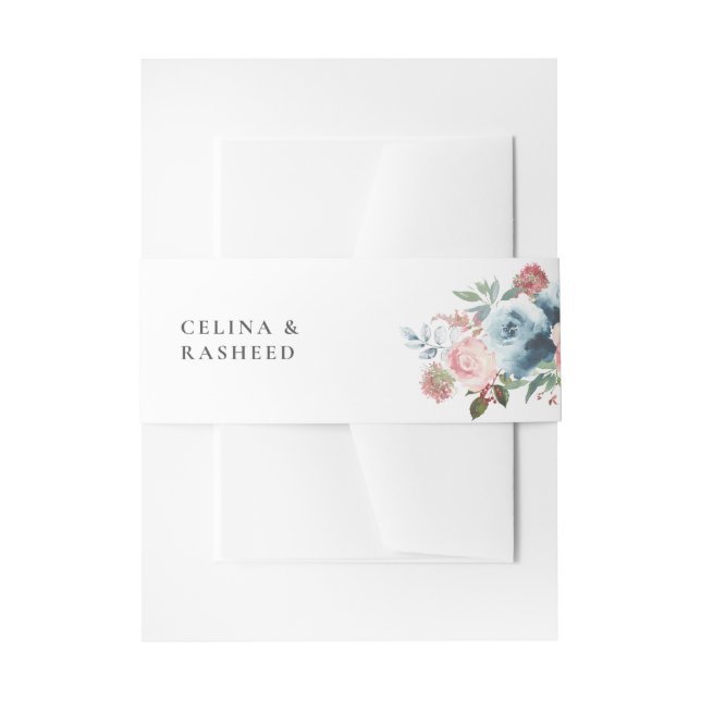 Dusty Blue & Blush Pink Floral 2 Invitation Belly Band (Front Example)