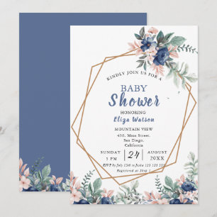 Dusty Blue Blush Pink Floral Baby Shower Invitation
