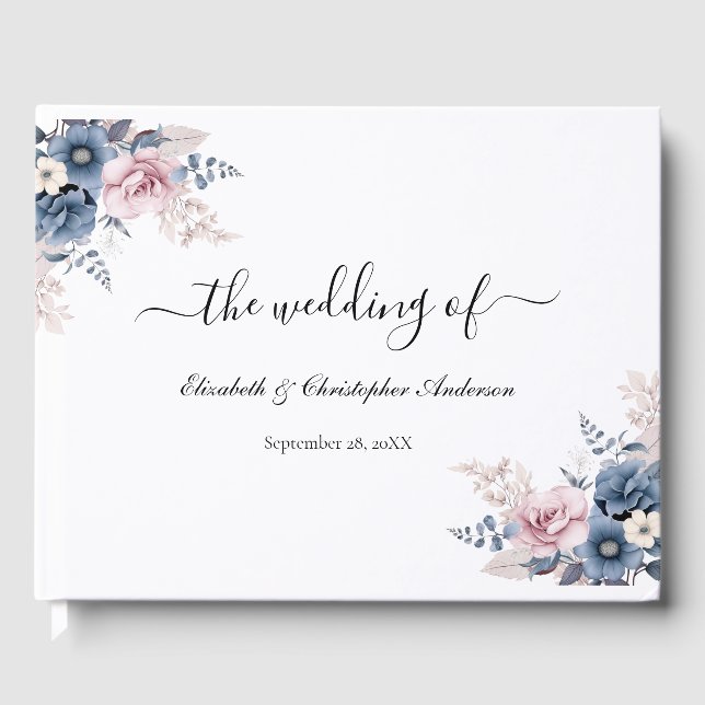 Dusty Blue Blush Pink Floral Botanical Wedding Guest Book (Front)
