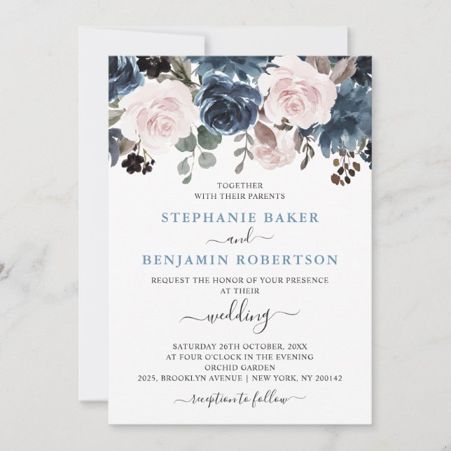 Dusty Blue Blush Pink Floral Botanical Wedding Invitation (Front)