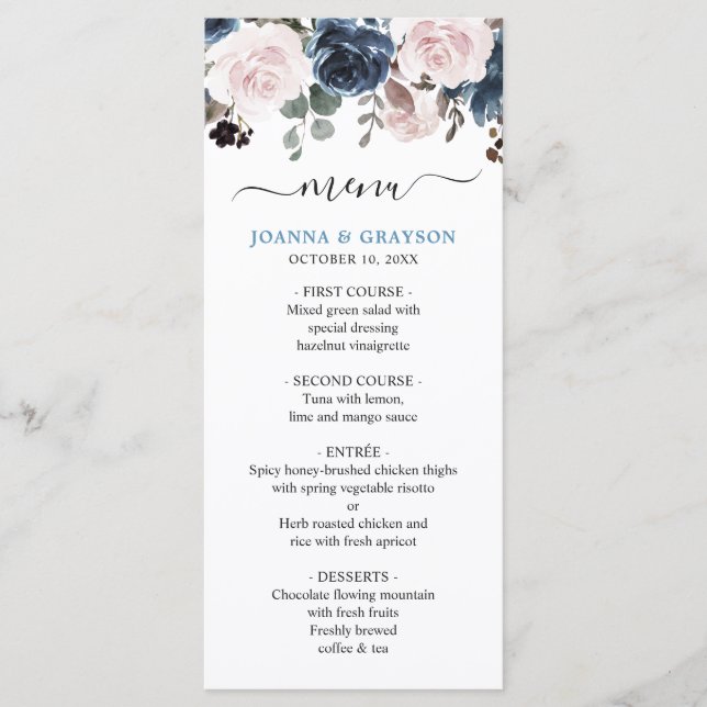 Dusty Blue Blush Pink Floral Botanical Wedding Menu (Front)