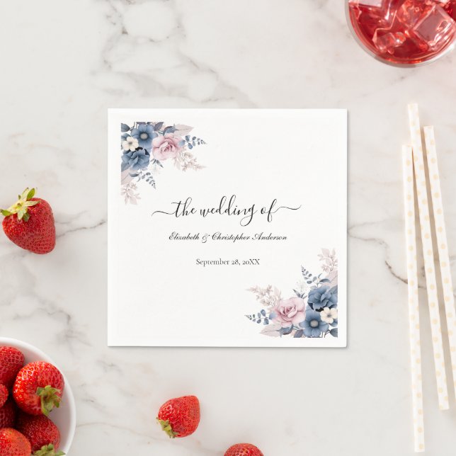 Dusty Blue Blush Pink Floral Botanical Wedding Napkin (Insitu)