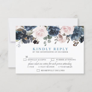 Dusty Blue Blush Pink Floral Botanical Wedding RSVP Card