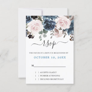 Dusty Blue Blush Pink Floral Botanical Wedding RSVP Card