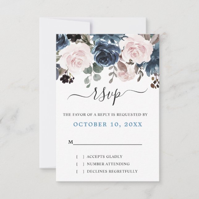 Dusty Blue Blush Pink Floral Botanical Wedding RSVP Card (Front)