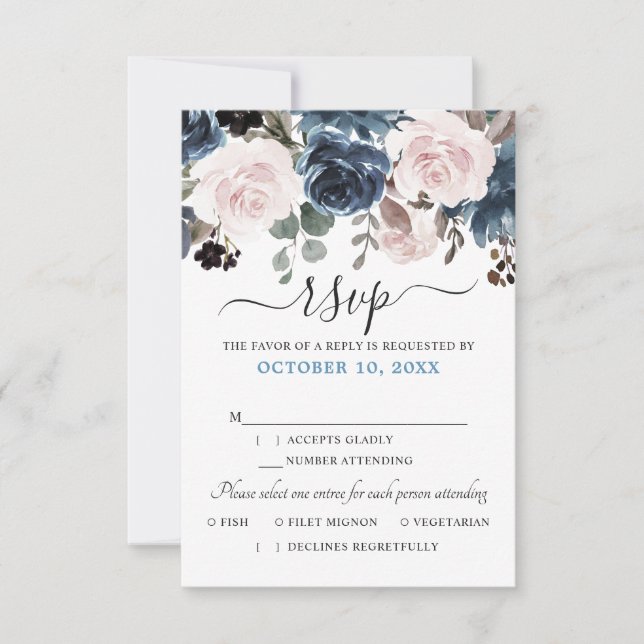 Dusty Blue Blush Pink Floral Botanical Wedding RSVP Card (Front)
