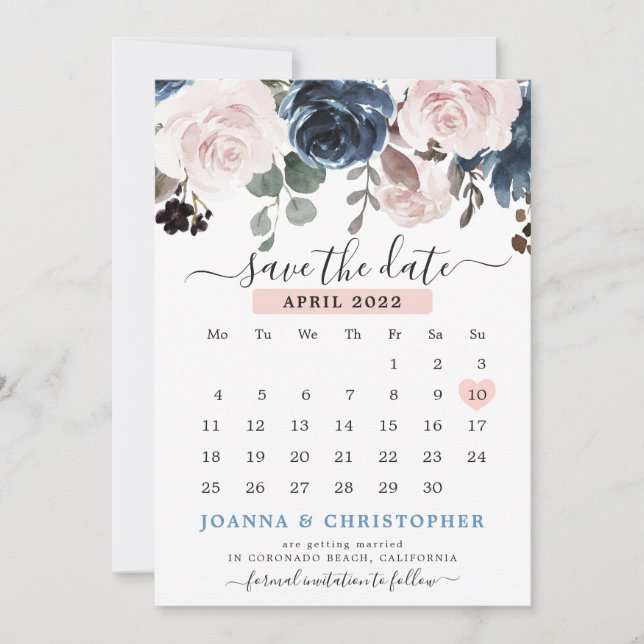 Dusty Blue Blush Pink Floral Botanical Wedding Sav Save The Date (Front)