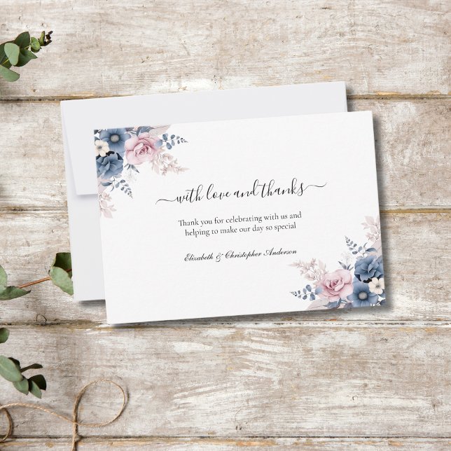 Dusty Blue Blush Pink Floral Botanical Wedding Thank You Card (Dusty Blue Blush Pink Floral Botanical Watercolor Elegant Wedding Thank you cards)