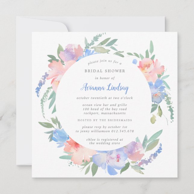 Dusty Blue Blush Pink Floral Bridal Shower Square Invitation (Front)