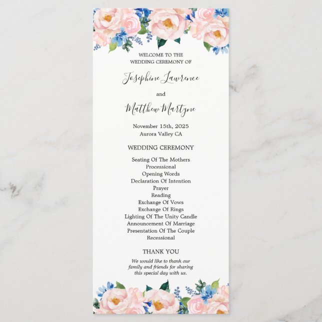 Dusty Blue Blush Pink Floral Eucalyptus Wedding Programme (Front)
