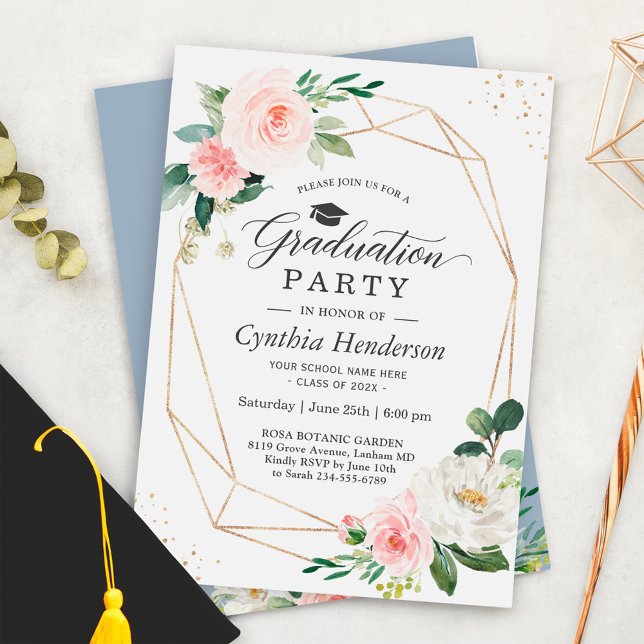 Dusty Blue Blush Pink Floral Graduation Party Invitation (Creator Uploaded)