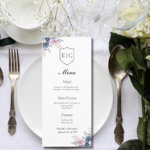 Dusty Blue Blush Pink Floral Monogram Wedding Menu