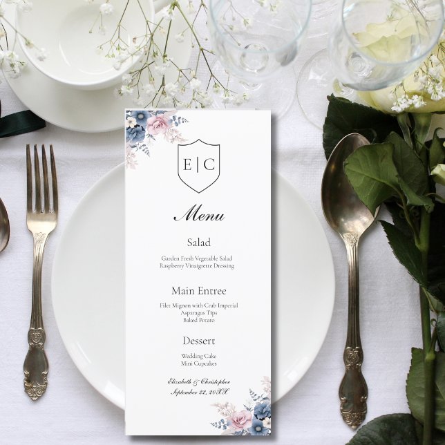 Dusty Blue Blush Pink Floral Monogram Wedding Menu (Dusty blue blush pink floral monogram wedding menu )