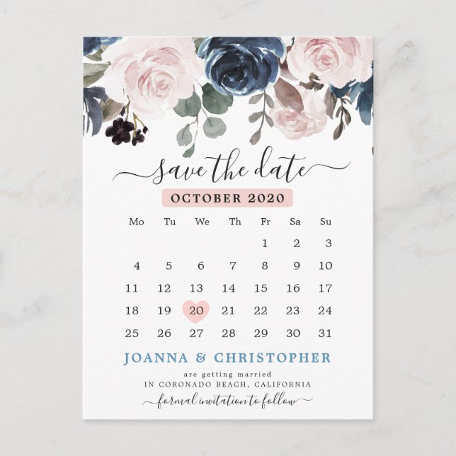 Dusty Blue Blush Pink Floral Save the date Announcement Postcard (Front)