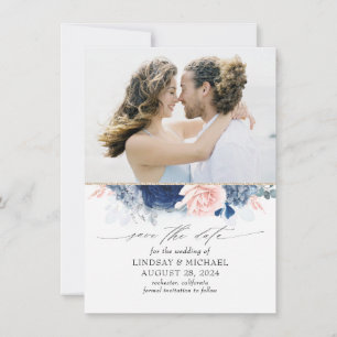 Dusty Blue & Blush Pink Floral Save the Date Photo Announcement