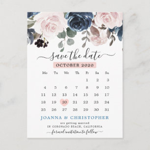 Dusty Blue Blush Pink Floral Save the date Postcard
