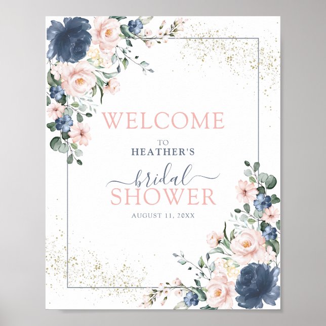 Dusty Blue Blush Pink Floral Shower Welcome Poster (Front)
