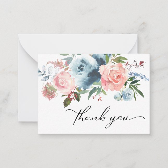 Dusty Blue & Blush Pink Floral Thank You Card (Front)