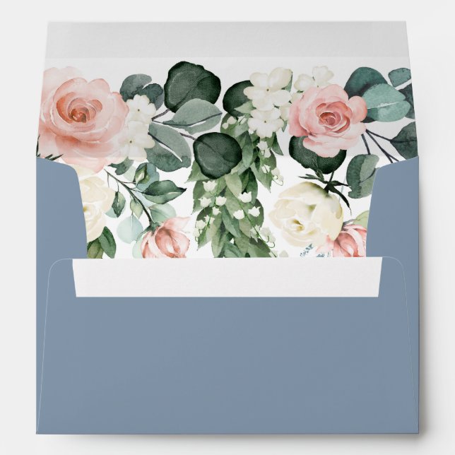 Dusty Blue Blush Pink Floral Watercolor Wedding Envelope (Back (Bottom))