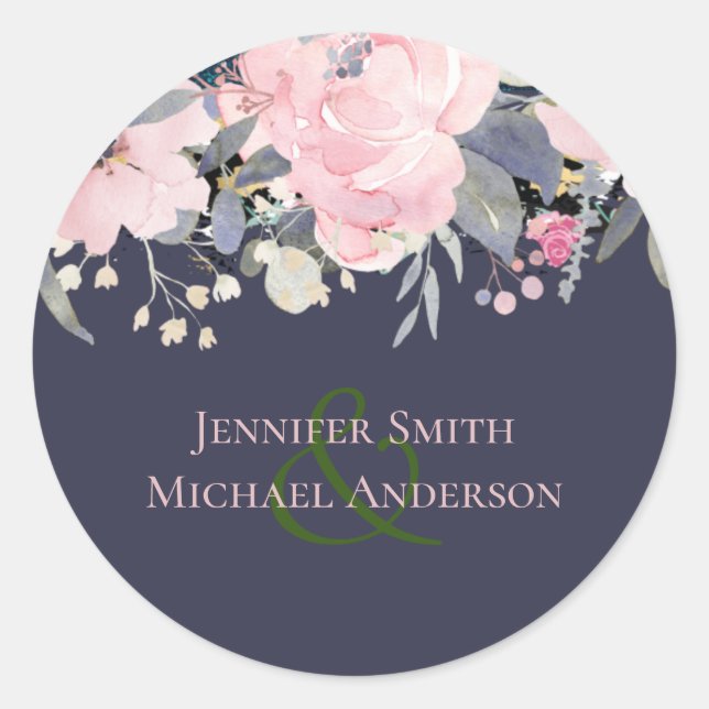 Dusty Blue Blush Pink Floral Wedding Budget Classic Round Sticker (Front)