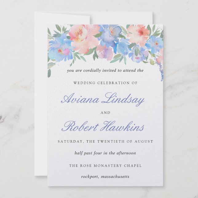 Dusty Blue Blush Pink Floral Wedding Invitation (Front)