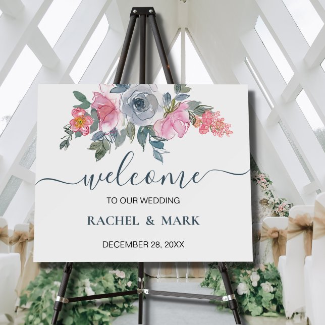 Dusty Blue Blush Pink Floral Wedding Welcome Sign (Creator Uploaded)