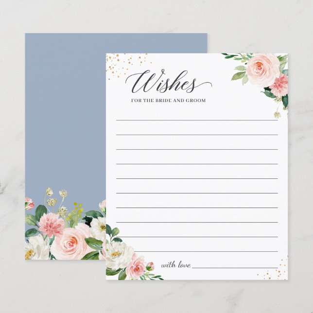 Dusty Blue Blush Pink Floral Wedding Wishes Card (Front/Back)