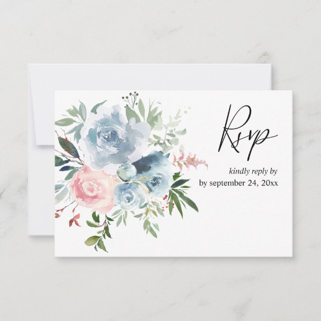 Dusty Blue & Blush Pink Floral with Meal RSVP Card (Front)