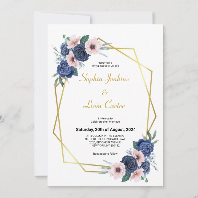 Dusty Blue Blush Pink Geometric Floral Wedding  Invitation (Front)