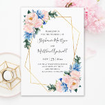 Dusty Blue Blush Pink Geometric Floral Wedding Invitation<br><div class="desc">These wedding invitations feature a watercolor floral design with blue and blush pink flowers, eucalyptus foliage and a faux gold geometric frame. Personalize the invitation wording with your own text. These wedding invitations are part of a collection which includes a range of matching wedding stationery and other wedding items. Please...</div>