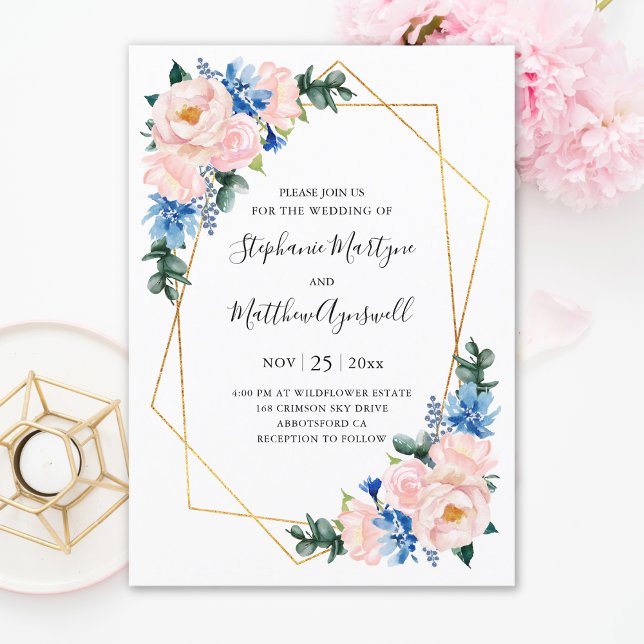 Dusty Blue Blush Pink Geometric Floral Wedding Invitation (Creator Uploaded)