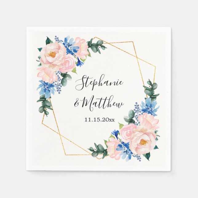 Dusty Blue Blush Pink Geometric Floral Wedding Napkin (Front)