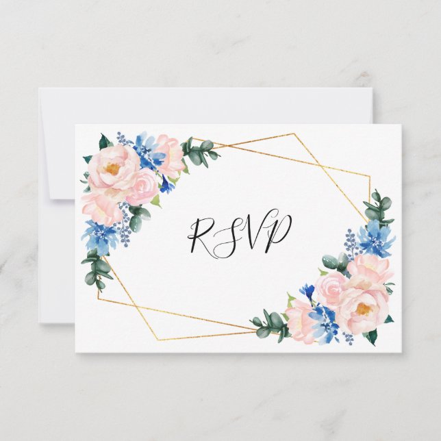 Dusty Blue Blush Pink Geometric Floral Wedding RSVP Card (Front)